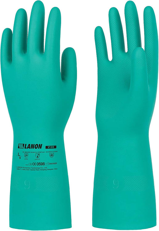 LANON 3 Pairs Nitrile Chemical Resistant Gloves, Reusable Heavy-Duty Rubber Gloves, Acid, Alkali & Oil Protection, Non-Slip, Large