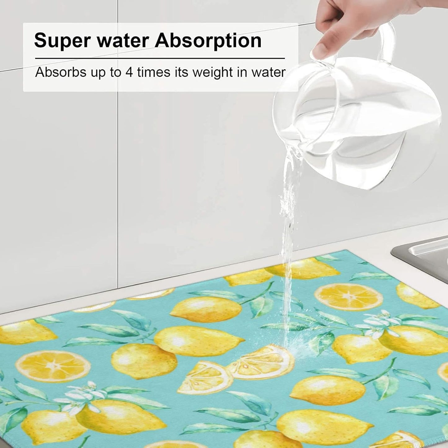 Spring Yellow Lemon Teal Background Microfiber Dish Drying Mat For Kitchen Countertop Xl Absorbent Reversible Drainer Rack Pad Extra Large 18 X 24 Inch