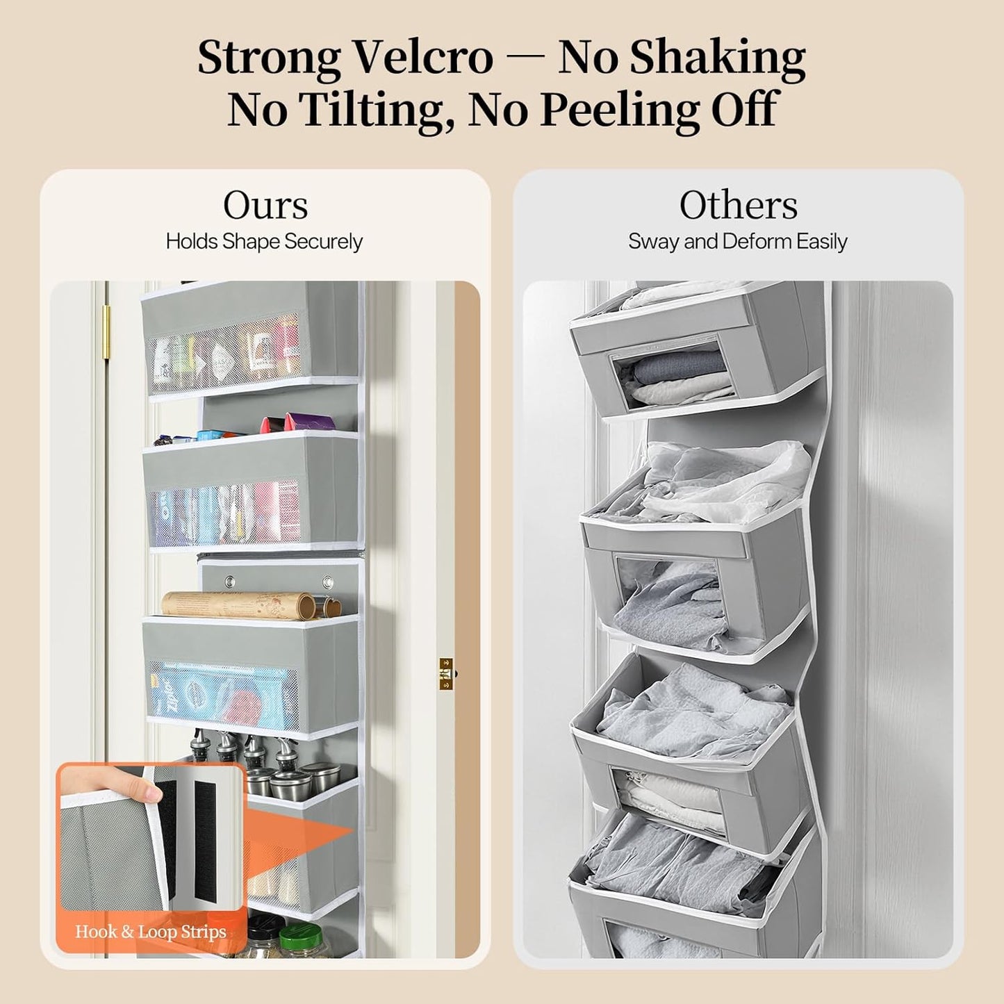 LAMU 6-Tier Over The Door Organizer, Swing - Proof Closet Door Organizer, Flexible 1 Split into 2 Over The Door Storage Organizer for Nursery, Bathroom, Bedroom, Grey, 5 x 14 x 61in