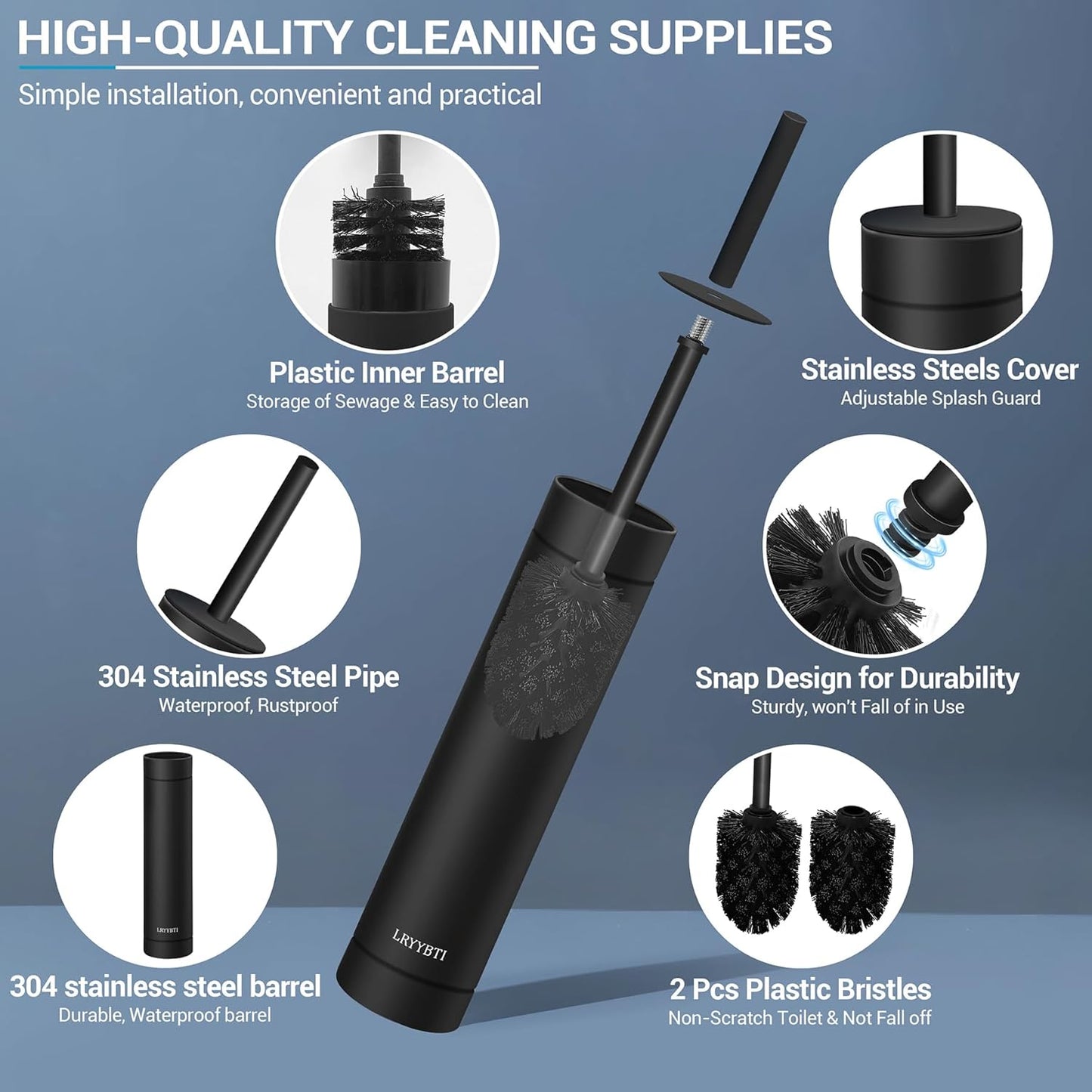 Stainless Steel Toilet Brush with Holder, 2 Black Bristle Heads