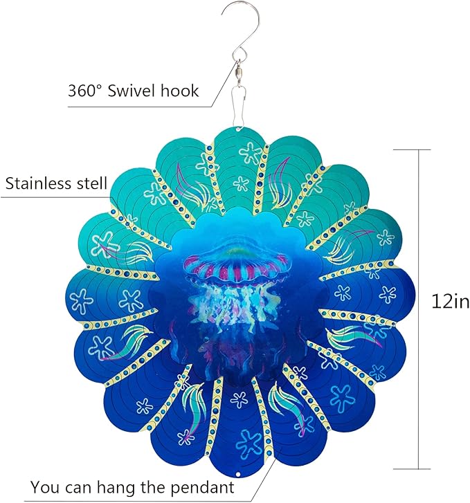 Jellyfish Metal Wind Spinners -Jellyfish Gifts for Women Mom Grandma Wife, Hanging Animations Wind Spinner for Outdoor & Indoor Decorations, 12 inch for Ornament Gifts