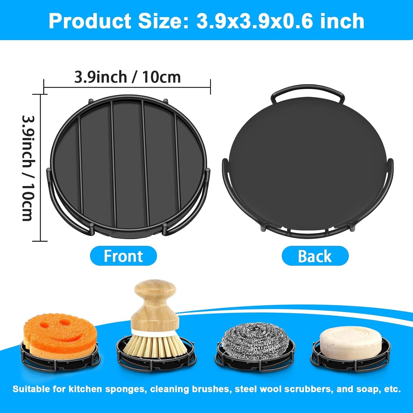 Stainless Steel Smiley Face Dish Sponge Holder, Black Sink Caddy for Kitchen Countertop, Soap Bar Dishes with Drainage, Self Draining Soap Dish Saver Shampoo Holder Tray Caddy for Scrubber