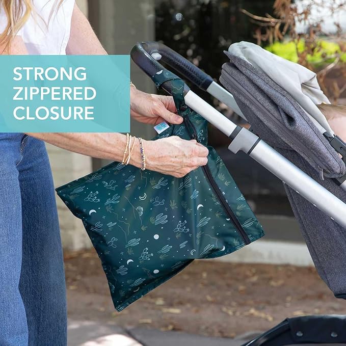 Bumkins Waterproof Wet Bag for Baby, Travel, Swim Suit, Cloth Diapers, Pump Parts, Pool, Beach, Gym Clothes, Toiletry, Hook to Stroller, Daycare, Zipper Reusable Wetdry Packing, Starry Cactus Dk Green