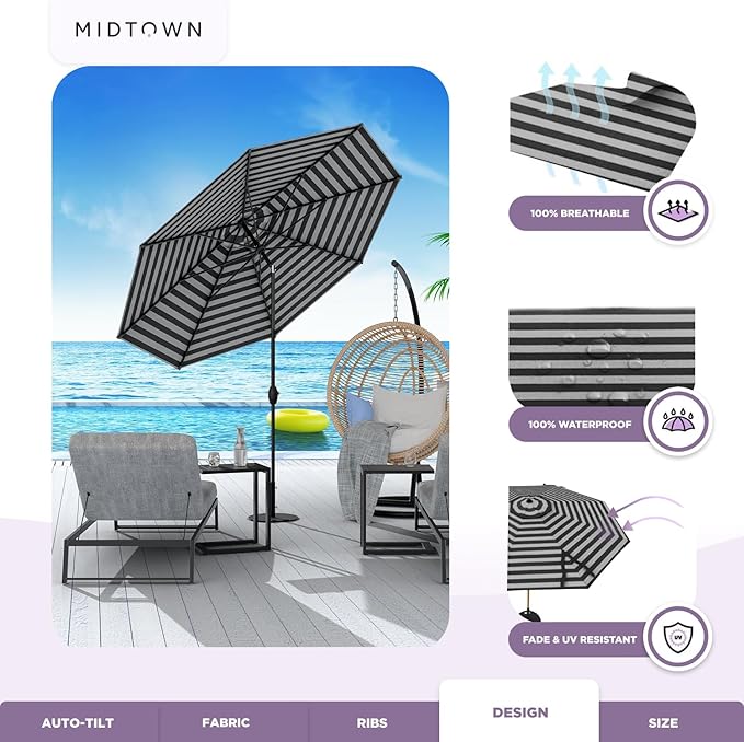 Midtown Umbrellas Sunbrella Umbrella 8 Feet Outdoor Umbrella With Sunbrella Black & White Acrylic Fabric - Auto-Tilt Aluminum Frame Patio Umbrella For Backyard, Deck, Garden, Pool - Black Pole