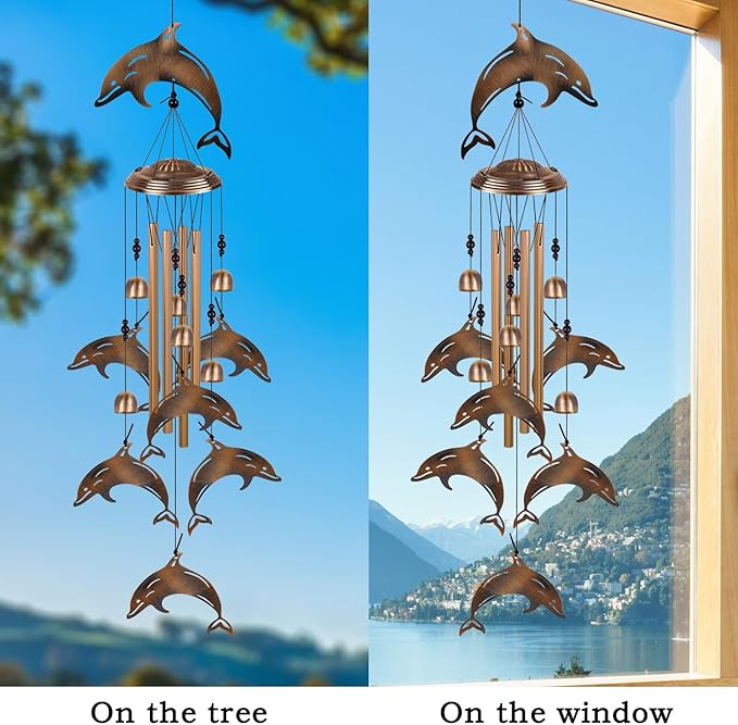 Bronze Dolphin Wind Chimes Decor, Mobile Wind Catcher, Retro Wind Bells, Blessing Wind Chime, Memorial Windchimes for Home, Balcony, Yard, Room, Xmas, Party, Indoor, Garden Decoration, Gifts for Mom