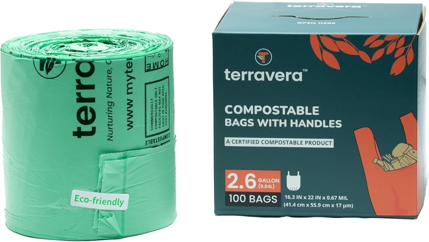 2.6 Gallon Compostable Food Scrap Bags - Handle Tie (100 Count) | BPI & OK Home Certified | Counter Top Bin, Kitchen Trash, Home & Yard Waste Bags