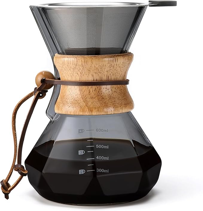 Pour Over Coffee Maker with Stainless Steel Filter, 20 oz Borosilicate Glass Coffee Carafe, Wooden Collar, Coffee Maker Carafe, Hold 3-4 Cups, 600 ml, Gray