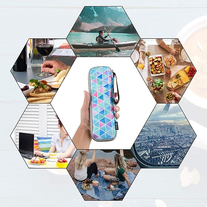 CM Reusable Portable Travel Tableware Carrying Bag Storage Case Cutlery Flatware Organziers for Straw Spoon Fork Chopsticks Utensil Holder (Fade in Blue Triangle Pattern)