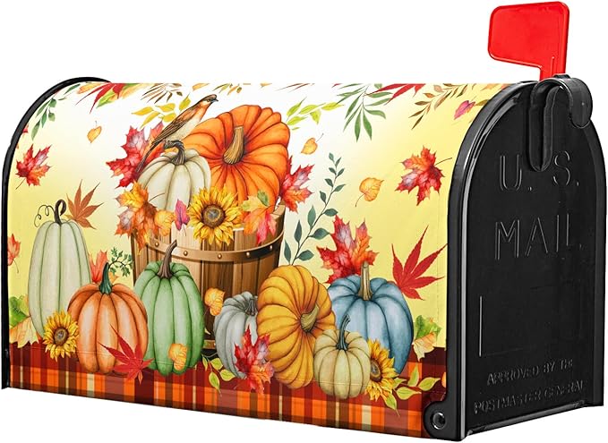 Fall Pumpkins Mailbox Cover Magnetic Large Size 25.5x21inch Autumn Maple Leaves Floral Mailbox Wrap Thanksgiving Watercolor Pumpkin Harvest Post Letter Box Covers for Home Garden Yard Outdoor Decor
