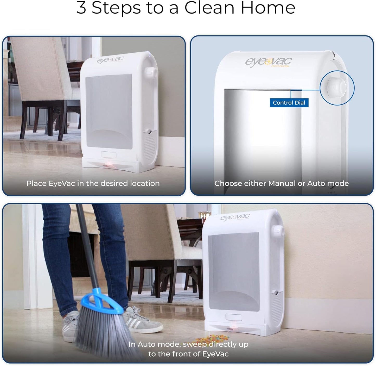 EyeVac Pro Touchless Vacuum Automatic Dustpan - Ultra Fast & Powerful - Great for Sweeping Salon Pet Hair Food Dirt Kitchen, Corded Canister Vacuum, Bagless, Automatic Sensors, 1400 Watt (White)