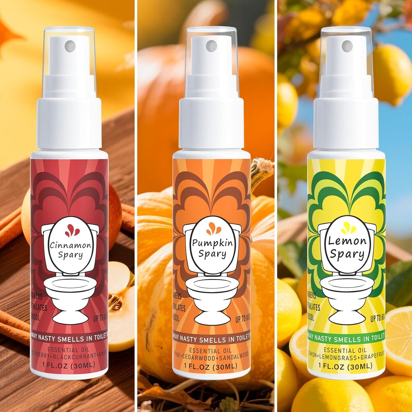 Toilet Spray for Poop 3 Pack, Travel Size Variety, Bathroom Odor Eliminator - Pumpkin Lemon Cinnamon