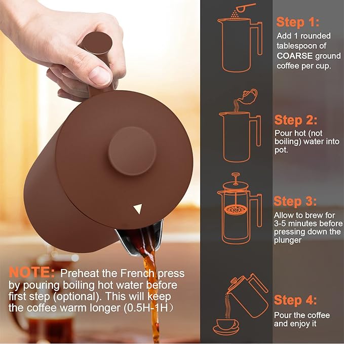 Secura French Press Coffee Maker, 304 Grade Stainless Steel Insulated Coffee Press with 2 Extra Screens, 34oz (1 Litre), Coffee