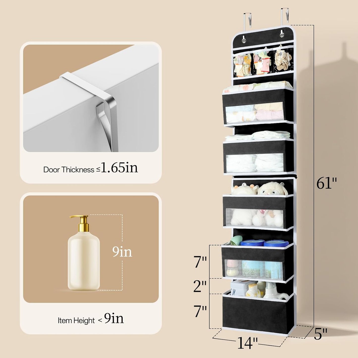 LAMU 6-Tier Over The Door Organizer, Swing - Proof Closet Door Organizer, Flexible 1 Split into 2 Over The Door Storage Organizer for Nursery, Bathroom, Bedroom, Black, 5 x 14 x 61in