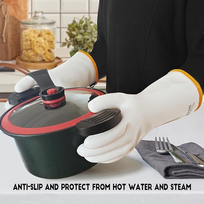 DEYAN Silicone BBQ & Oven Gloves - Food Grade, Heat Resistant Waterproof & Oil Proof Gloves for Grilling, Baking, Frying, Cooking - Long Sleeve & Non-Slip, 1 Pair (White, 9/L)