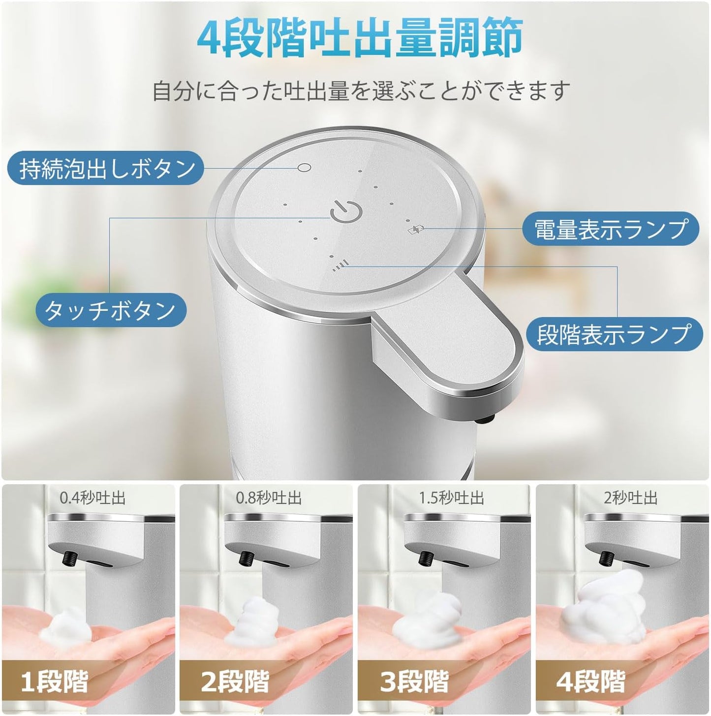 Automatic Foaming Soap Dispenser with 4 Adjustable Control Rechargeable Hands Free Auto Soap Dispenser for Kitchen, Bathroom, Hotel, Restaurant,Touchless 380ml