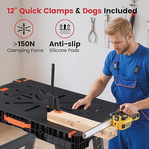 Express Folding Work Table Easy Setup Portable Workbench with 1000lbs Load Capacity Lightweight Versatile Workstation with 2 Clamps, 2 Clamp Dogs, Power Strip for Garage Workshop Home