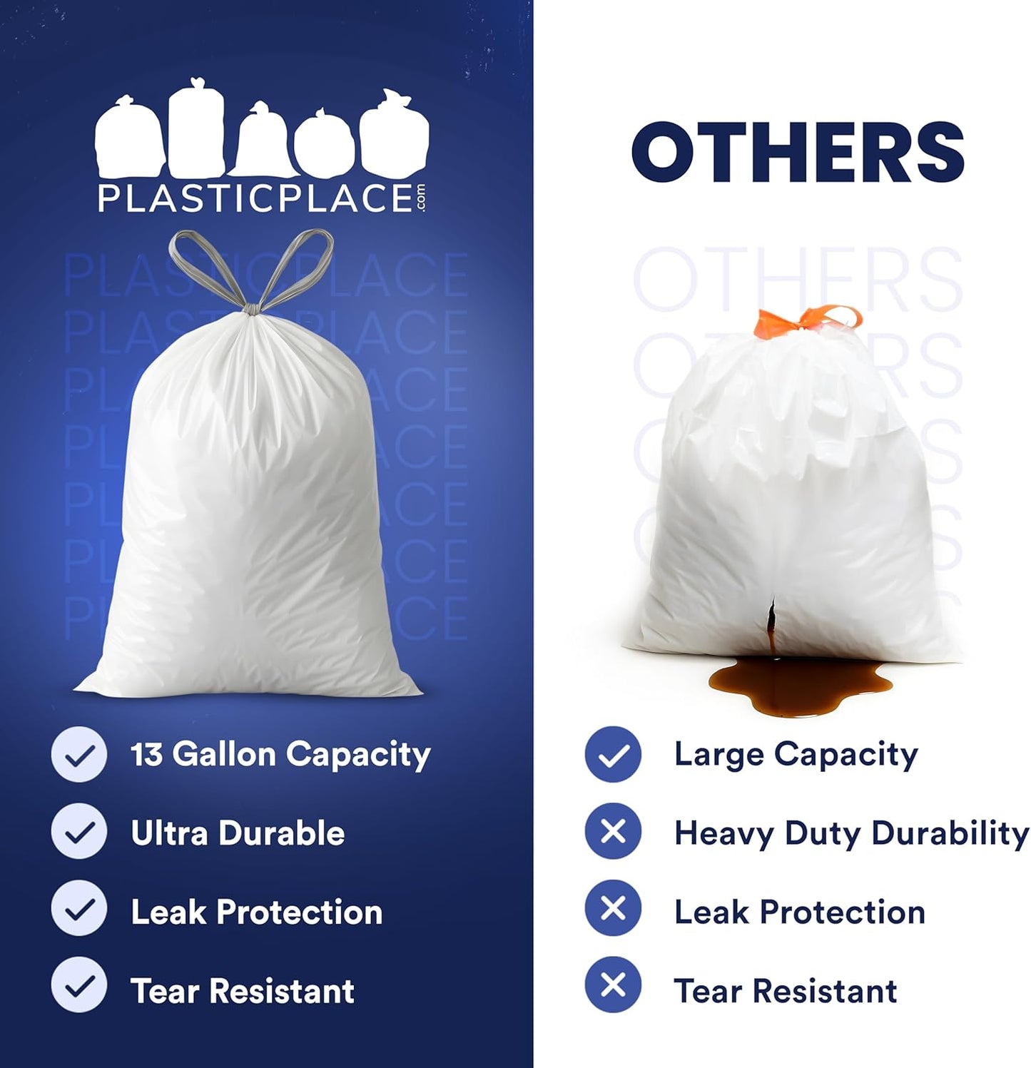 Plasticplace 13 Gallon Trash Bags │ 1.2 Mil │ White Extra-Large Drawstring Garbage Can Liners │ 24" x 31" (50 Case)