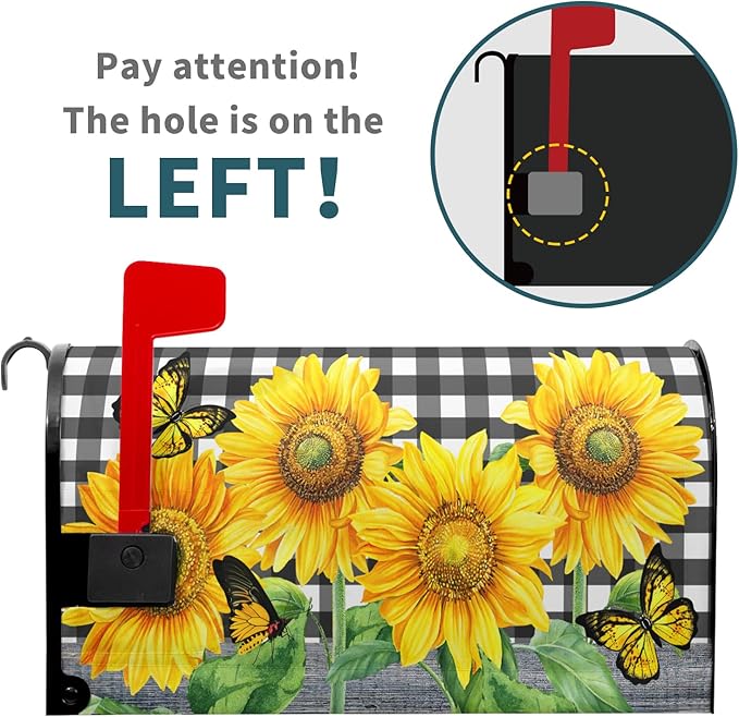 Sunflower Butterfly Magnetic Mailbox Cover Summer Flower Black White Buffalo Plaid Mailbox Cover Large Size 25.5" x 21" Yellow Floral Post Letter Box Wraps for Outdoor Garden Yard Home Decor