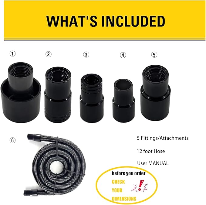 Dust Collection Vacuum Hose Kit, 12 Foot Dust Collection Power Tool Kit with 5 Vac Cleaner Hose Fittings/Attachments for Household, woodworking Power Tool and Dry/Wet, Fits Multiple Types Power Tools