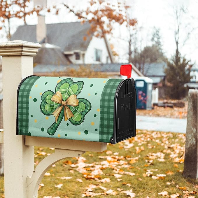 St Patrick's Day Mailbox Cover Magnetic Lucky Clover Shamrocks Holiday Decorative Mail Box Post Covers Leaves Green Plaid Waterproof Letter Box Wraps for Farmhouse Outdoor Garden Decor 21x18 in