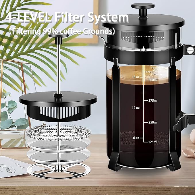 French Press Coffee Maker 304 Stainless Steel Coffee Press,with 4 Filters System, Heat Resistant Thickness Borosilicate French Press Glass, BPA-Free Brewed Tea Pot Coffee Plunger(Copper 12oz)