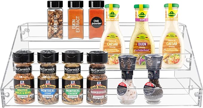 PMMASTO Tiered Spice Rack, Seasoning Organizer, Clear Acrylic Vertical Shelves Can Organizer for Countertop, Cabinet, Pantry, Kitchen Organization and Storage - 3 Tier