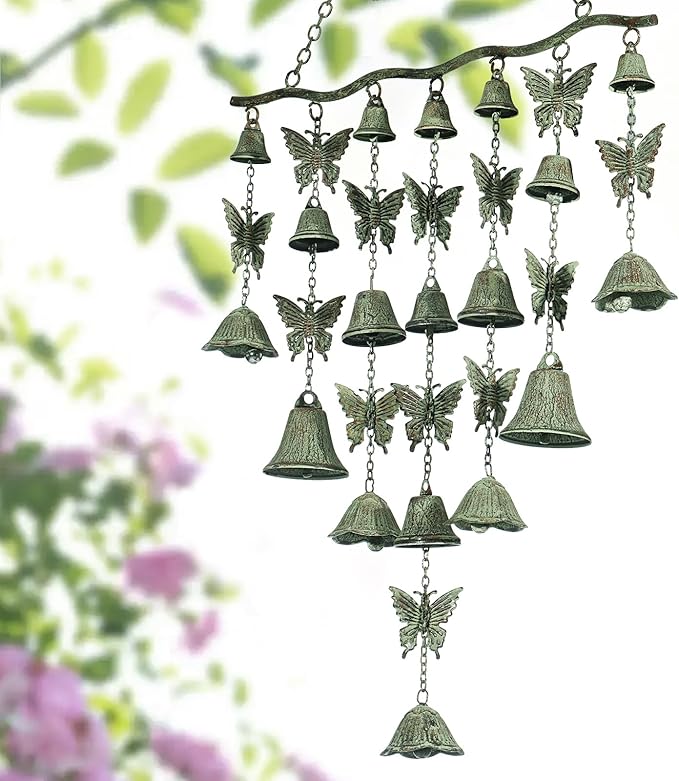 Dragonfly Wind Chimes for Outside, Large Strung Verdigris Windchimes with Wrought Iron Bell for Garden, Patio, Porch Outdoor Decor, Memorial Sympathy