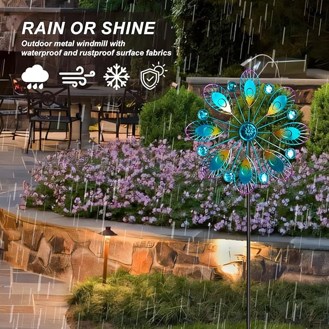 Metal Peacock Wind Spinner for Outdoor Garden Decor - 36 Inch Height Feather Wind Catcher with Stake, Lawn & Patio Art, Weather-Resistant Yar