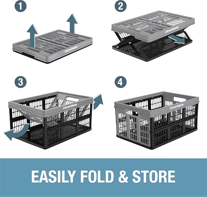 CleverMade Collapsible Utility Crates-Obsidian 1pck 45L / 11 Gal holds 66 lbs - Stackable Containers Heavy Duty Capacity Crates - Space-Saving Baskets