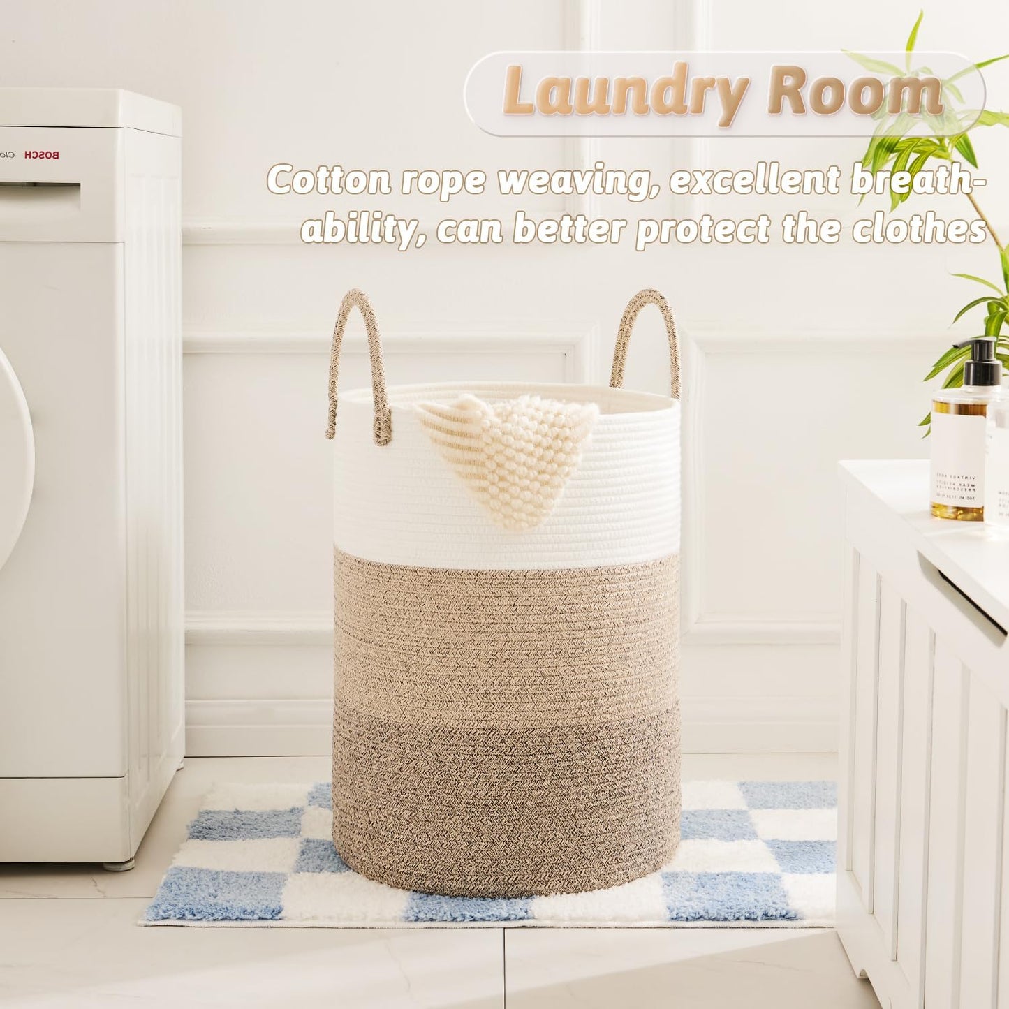 Laundry Basket,Woven Cotton Rope Laundry Hamper,100L for Decorative Storage of Dirty Clothes,Toys and Blankets in Bathroom,Bedroom and Living Room