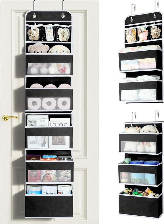 LAMU 6-Tier Over The Door Organizer, Swing - Proof Closet Door Organizer, Flexible 1 Split into 2 Over The Door Storage Organizer for Nursery, Bathroom, Bedroom, Black, 5 x 14 x 61in