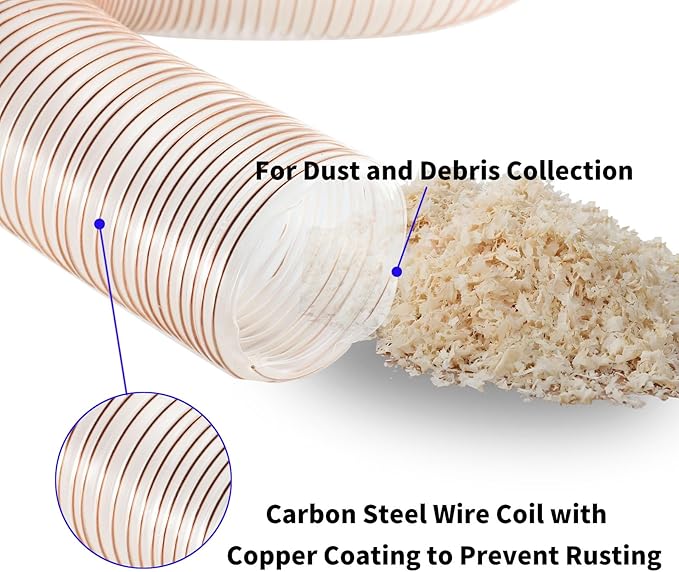 JUYO VONSAN 2.5 inch PU Dust Collection Hose 10ft Heavy Duty Flex Clear Debris Dust Collector Hose With Clamps (Polyurethane, 2.5'' X 10ft)