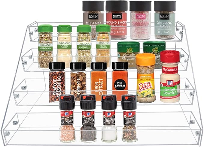 PMMASTO Tiered Spice Rack, Seasoning Organizer, Clear Acrylic Vertical Shelves Can Organizer for Countertop, Cabinet, Pantry, Kitchen Organization and Storage - 4 Tier