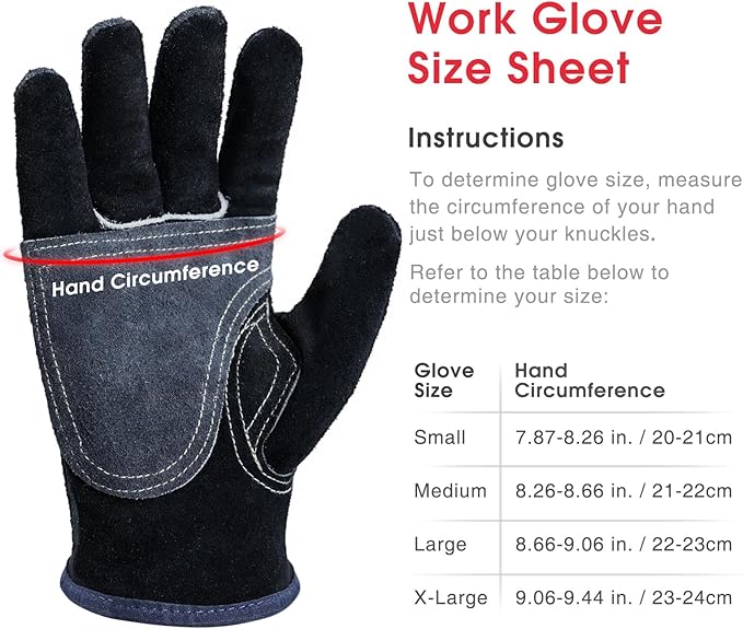 YESWELDER Leather Work Gloves for Men or Women，Suitable for welding | gardening |construction etc. Cowhide leather with cotton lining, wrist closure, grippy and durable.Reinforced palm,Black-gray L