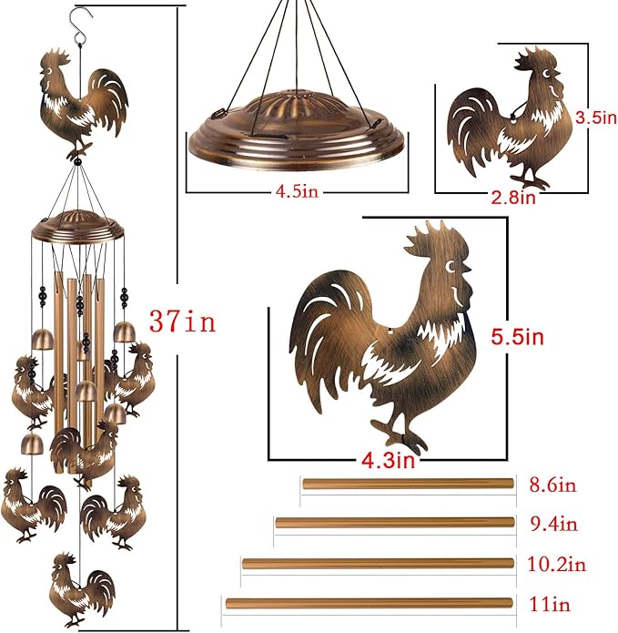 Bronze Chickens Wind Chimes for Home, Garden, Balconies, Rooms, Patio, Indoor, Outside Decor, Retro Wind Bells, Rooster Wind Catcher, Outdoor Memorial Wind Chime Gifts for Mom, Women, Grandma, Family