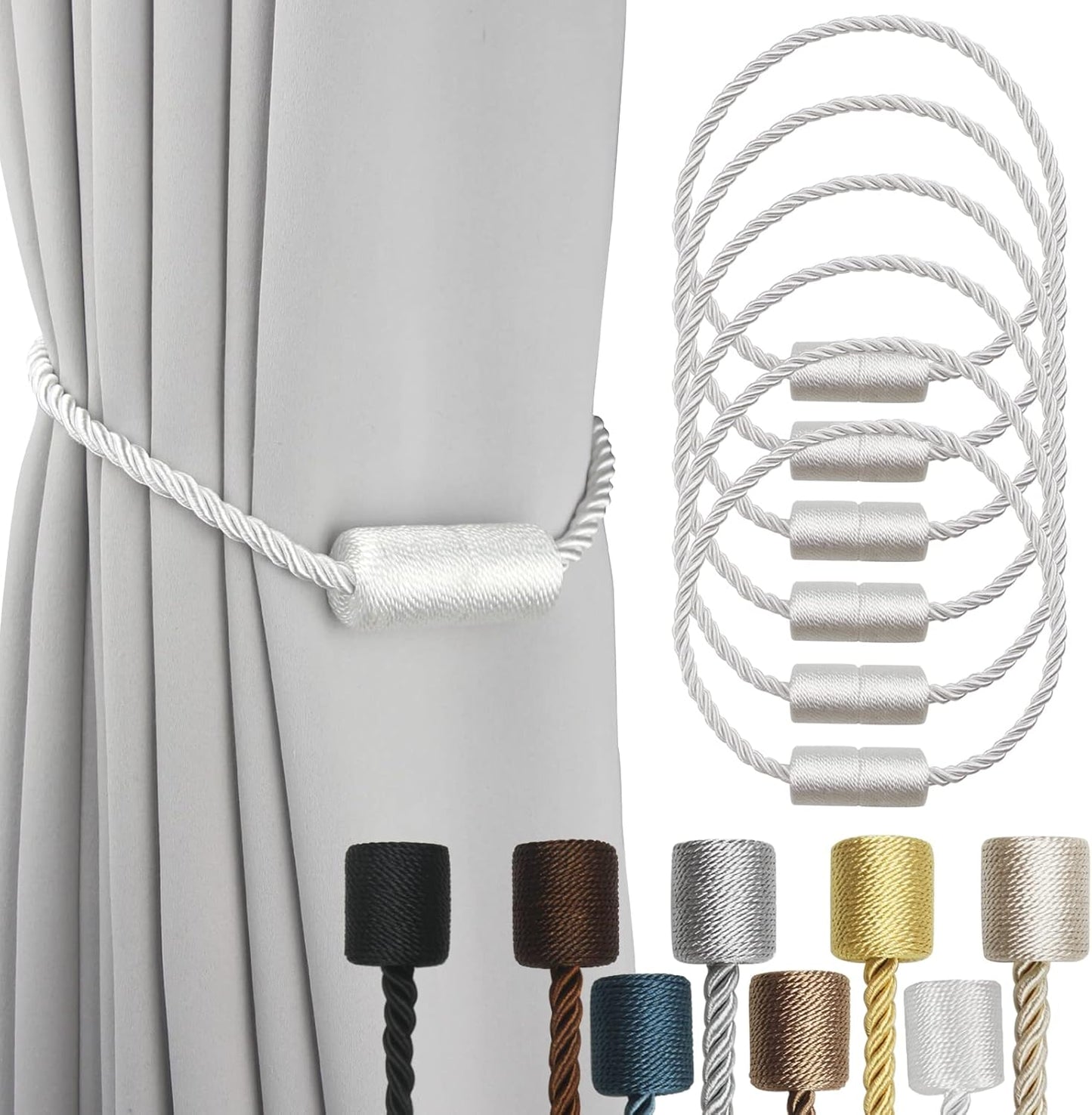 6 Pack White Strong Magnetic Curtain Tiebacks Outdoor Elegant Decorative Tie Backs Modern Rope Tiebacks for Drapes Window Curtain Holdbacks for Draperies