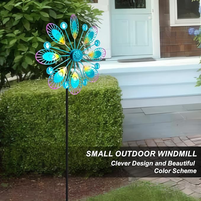 Metal Peacock Wind Spinner for Outdoor Garden Decor - 36 Inch Height Feather Wind Catcher with Stake, Lawn & Patio Art, Weather-Resistant Yar