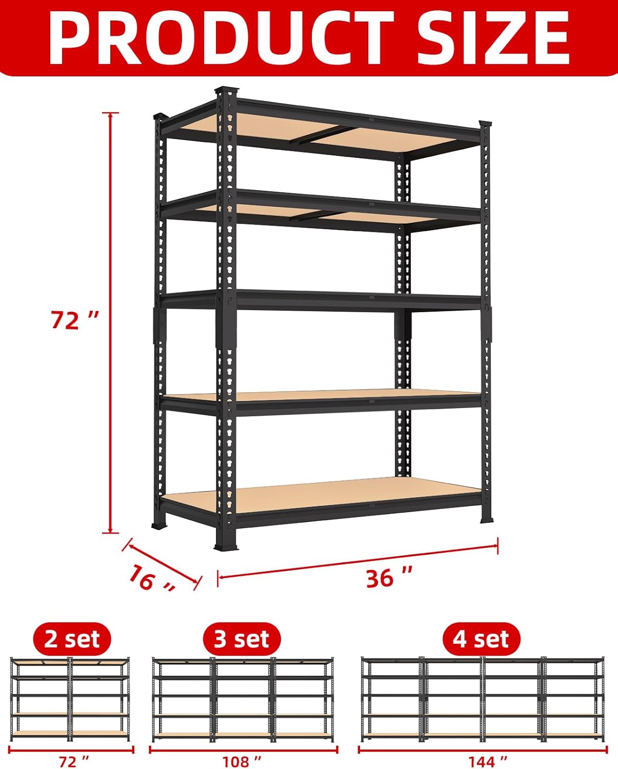 PrimeZone 36" x 16" x 72" Heavy Duty Storage Shelves - 5 Tier Adjustable Garage Storage Shelving, Metal Storage Utility Rack Shelf Unit for Warehouse Pantry Closet Kitchen, Black, 3 Pack