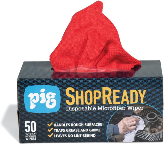PIG ShopReady Microfiber Wipers| Durable Low-Lint Microfiber Rags | 50 per box | 12" W x 12" L | Red | PM50808-RD