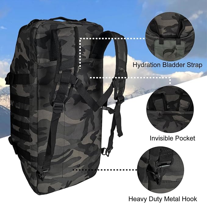 Travel Gym Duffle Bag Tactical, for Men Women Multi-functional Backpack, 3 in 1 Shoulder Bag Backpack Handbag for Sports Hiking Camping, Water Resistant Easy Clean (Black Camo, 55L)