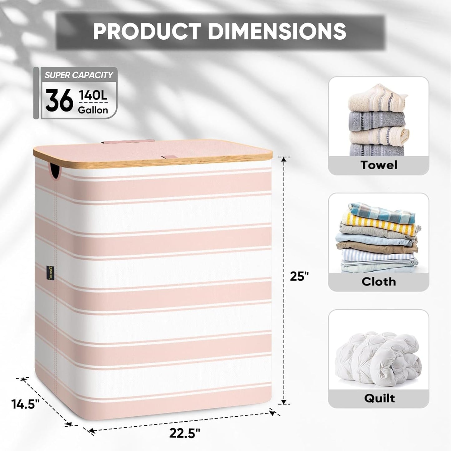 BALEINE Laundry Hamper with Lid, Tall Laundry Baskets with Bamboo Pull Handles, Large Laundry Bin with Internal Support (36 Gal/140L, Pink Stripe)