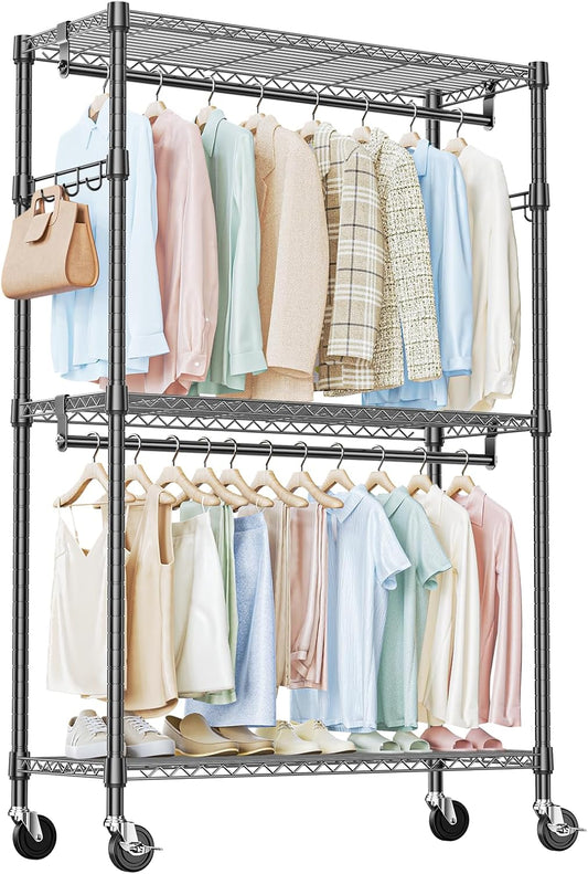 IZEUK Heavy Duty Rolling Garment Rack with 3 Adjustable Wire Shelves, Hanging Rod & Side Hooks - Extra Large Mobile Clothes Rack with Wheels, 47.2" W x 17.7" D x 83.6" H, Black