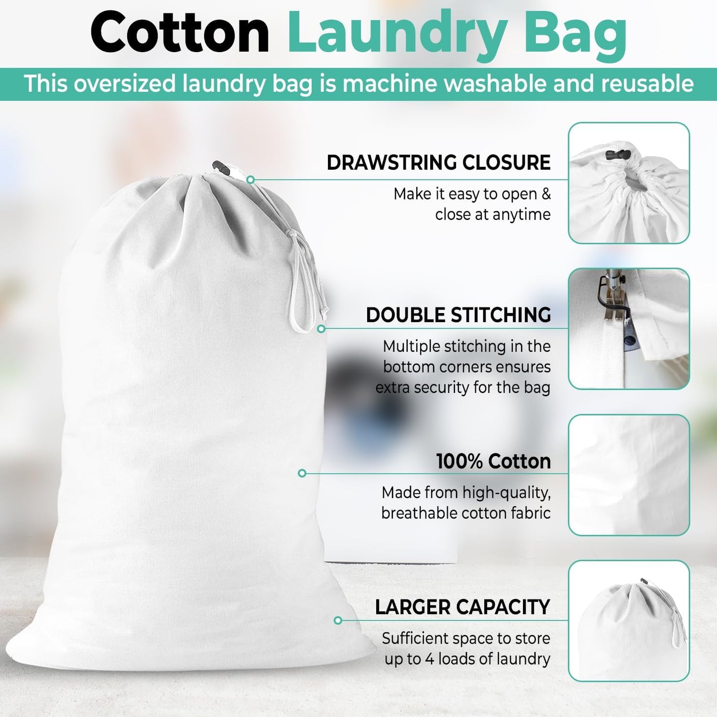 2 Pack - Extra Large Cotton Laundry Bag, Heavy Duty Large Laundry Bags 24 x 36 inch XL Drawstring Travel Organizer Bag Fit Hamper Basket Camp (WHITE, Pack of 2)