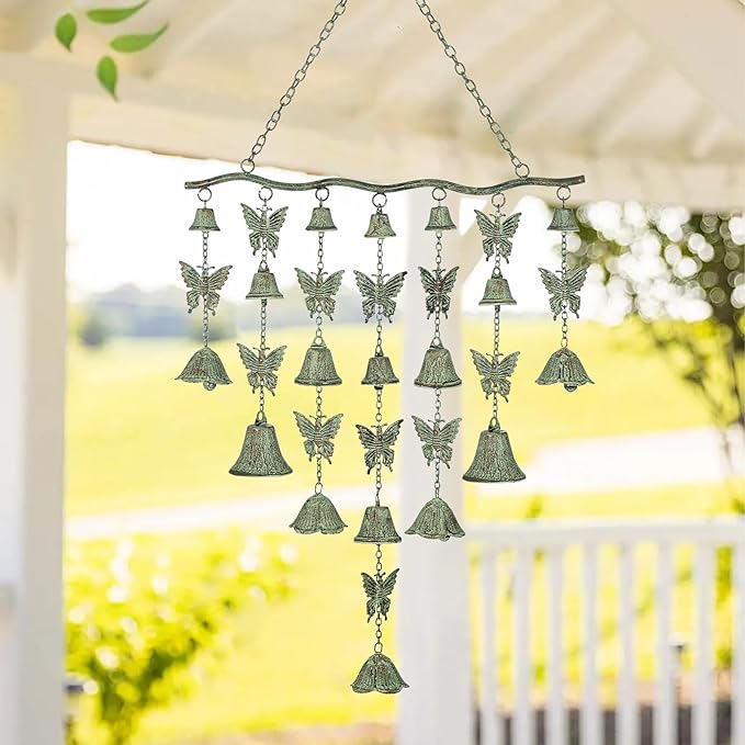 Dragonfly Wind Chimes for Outside, Large Strung Verdigris Windchimes with Wrought Iron Bell for Garden, Patio, Porch Outdoor Decor, Memorial Sympathy
