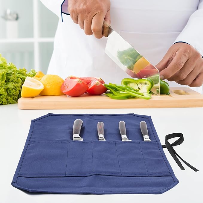 Chef Knife Roll, Heavy Duty 16OZ Waxed Canvas Knife Roll, 5 Slots Knife Bag with Professional Cut Resistant Fabric, Blue (21"L x 15.5"W)