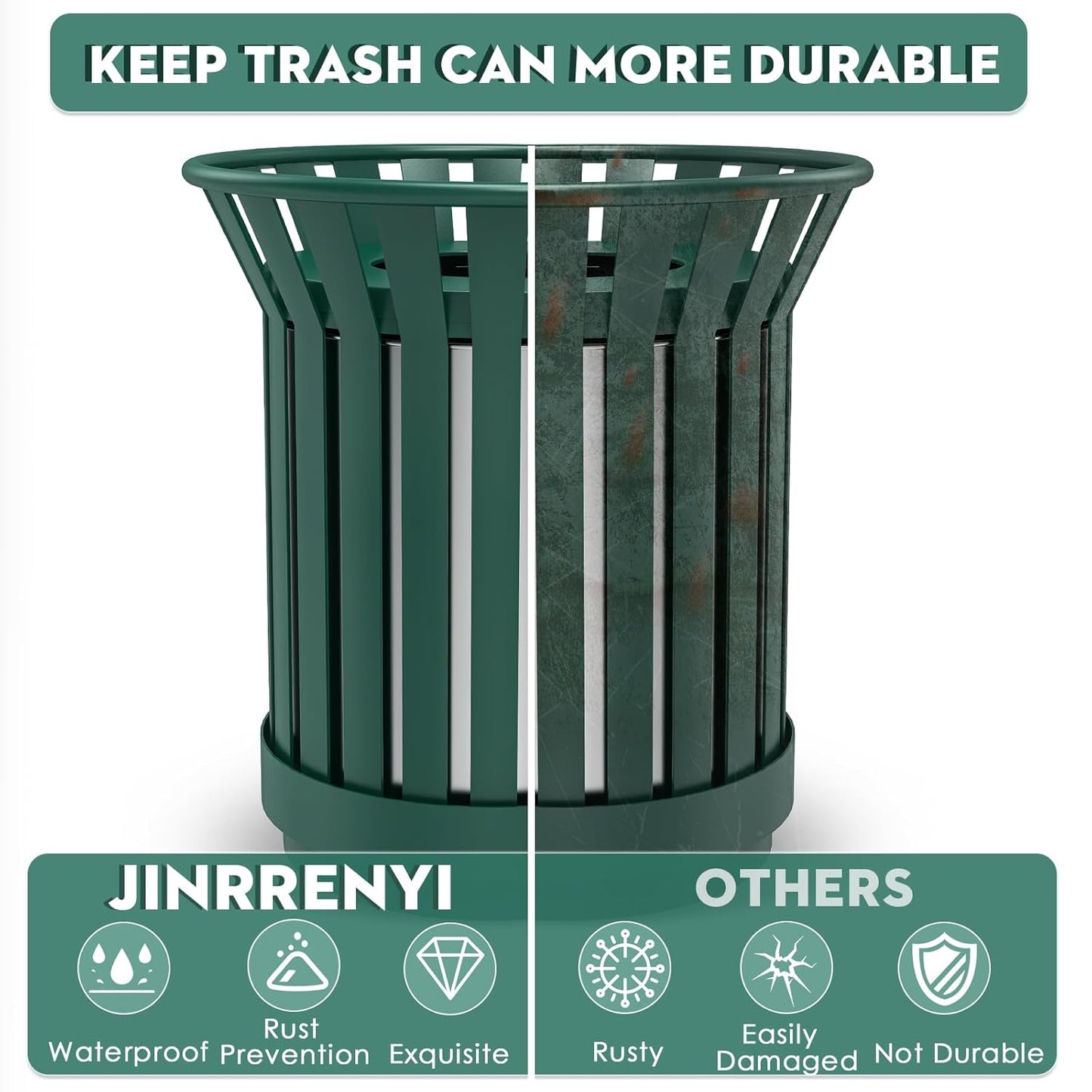 Round Heavy Duty Outdoor Trash Can, Large Metal Slatted Garbage Can for All Weather Resistant, Commercial Garbage Cans, Waste Receptacle in Park, Beach, Patio (Green, Large)