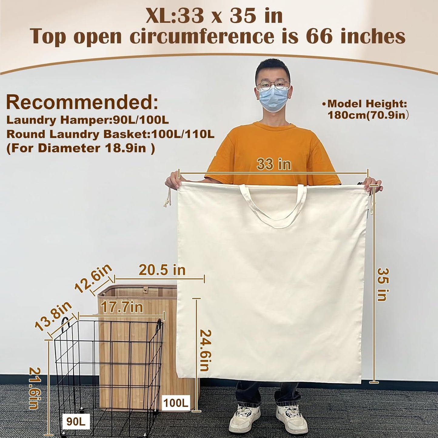 Canvas Laundry Bag 33"x 35", Thick Cotton Laundry Bag with Handles & Drawstring, Extra Large Heavy Duty Washable Basket Liner Hamper Liner Canvas Storage Sack (Beige XL, 1 Pack)