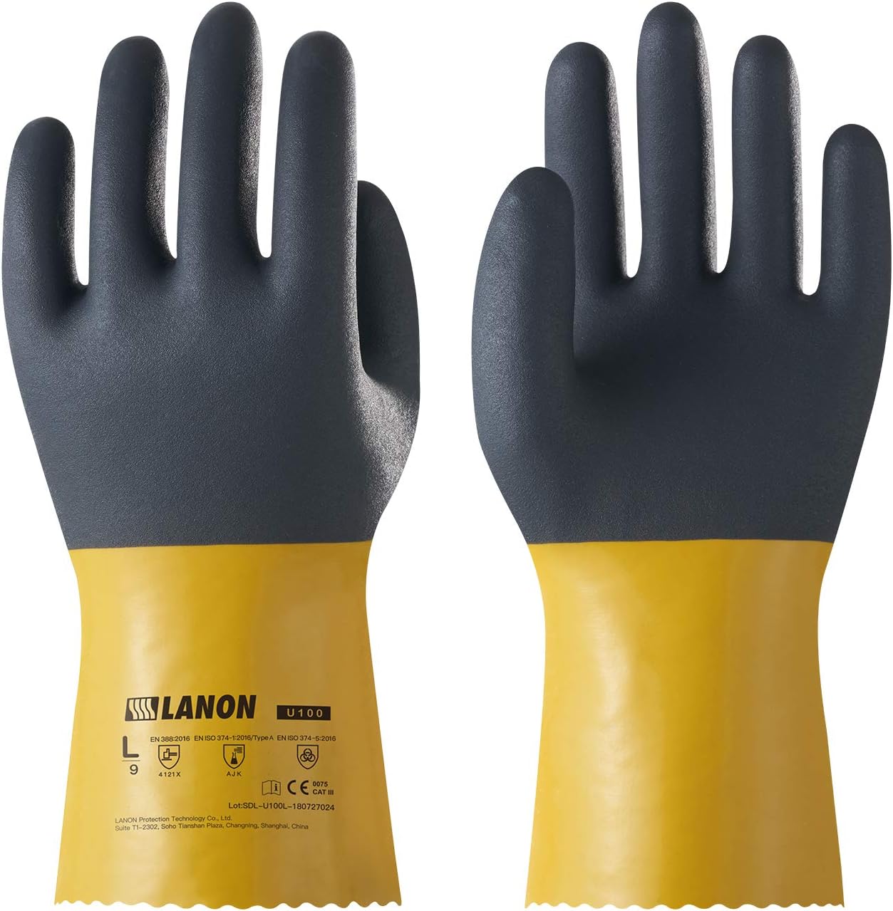 LANON PVC Chemical Gloves, Thick Rubber Work Gloves, Heavy-Duty, EN 374/388, Acid, Alkali and Oil, Non-Slip, XXL