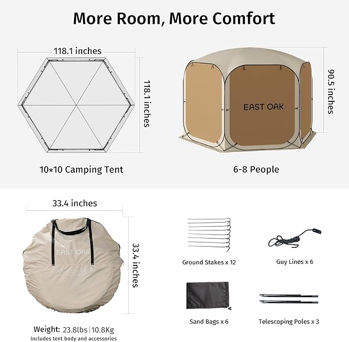 EAST OAK Pop Up Canopy Tent with Mesh Walls | Outdoor Screen House with 4/6 Sunshades | Waterproof Gazebo with Carry Bag | Portable Shelter for Camping, Patio, and Beach | Beige