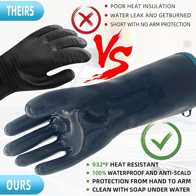 DEYAN Silicone BBQ Gloves, 932°F Heat Resistant Oven Gloves with Fingers, Kitchen Waterproof Hot Proof Glove for Fryer, Smoker, Baking, Cooking, Cutting(10/XL)